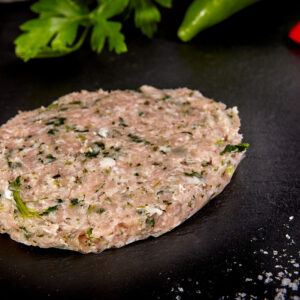Hamburguesa pollo, espinacas, queso de cabra